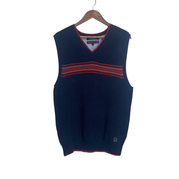 Tommy Hilfiger Cotton Knit Sweater Vest Navy Red Preppy - Picture 1 of 9